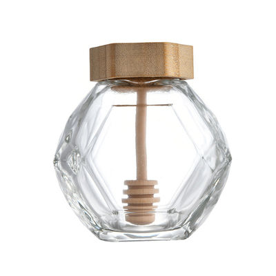 comprar Tampa de Honey Hexagon Jar With Wooden do vidro 380ML e barra de madeira do respingo fabricação em linha